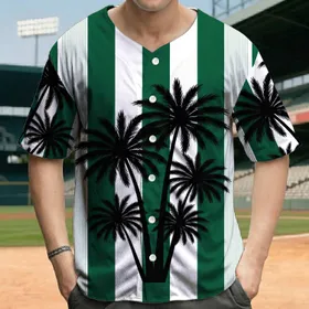 Black Silhouette Palm Trees Dark Green White Vertical Stripes Tropical Vacation Baseball Jersey