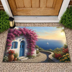 Aegean Sea Cycladic Village Blue Door Bougainvillea - Mediterranean Home Decor Doormat