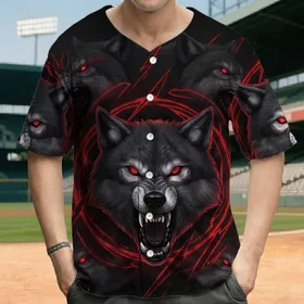 Fierce Snarling Wolf Heads Bared Fangs Red Eyes Crimson Energy - Wildlife Lover Gift Baseball Jersey