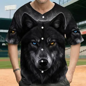 Majestic Black Wolf Head Glowing Mismatched Eyes Smoky Background - Wildlife Lover Gift Baseball Jersey