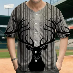 Majestic Black Deer Head Antlers Dense Forest Bare Trees - Wildlife Lover Gift Baseball Jersey