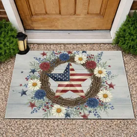 Rustic American Flag Star Wreath - Farmhouse Independence Day Decor Doormat