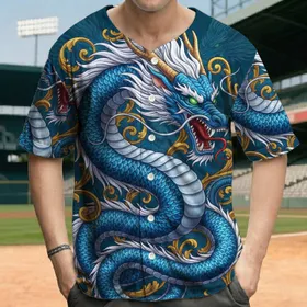Powerful Blue Oriental Dragon Gold Baroque Foliage - Mythical Creature Gift Baseball Jersey