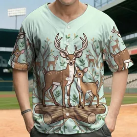 Deer Buck Doe Wooden Log Green Foliage Forest - Nature Lover Outdoor Life Gift Baseball Jersey