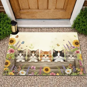 Kittens Wooden Fence Wildflower Garden Butterflies Bees - Home Decor Gift for Cat Lover Doormat