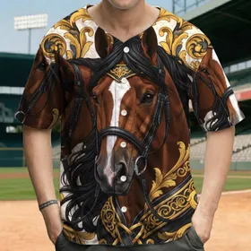 Brown Horse Head Ornate Gold Baroque Scrollwork - Equestrian Lover Gift Baseball Jersey