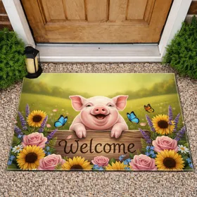 Baby Pig Welcome Sign Garden Flowers Butterflies - Farmhouse Home Decor Gift Doormat