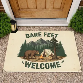 BARE FEET WELCOME Bear Campfire Tent - Rustic Decor Gift for Outdoor Lovers Doormat