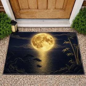 Golden Full Moon Japanese Landscape Home Decor Gift for East Asian Art Enthusiast Doormat