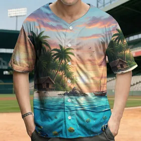 Tropical Island Split Ocean View Sunset - Travel Essentials for Beach Trip Baseball Jersey