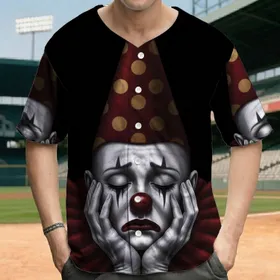 Detailed Melancholic Clown Face Pale Cheeks Red Hat Ruffles - Somber Art Lover Gift Baseball Jersey