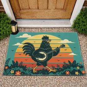 Black Chicken Banjo Player Sunglasses Retro Sunset - Wildlife Lover Home Decor Gift Doormat