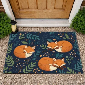 Sleeping Foxes Woodland Foliage Berries Blossoms - Forest Home Decor Gift for Wildlife Lover Doormat