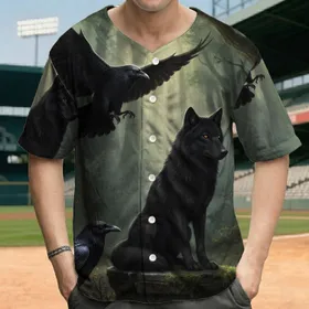 Regal Black Wolf Amber Eye Ravens Dark Forest Fog Ancient Trees - Dark Fantasy Fan Gift Baseball Jersey