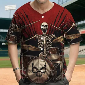 Screaming Rib Cage Skeleton Drummer Bone Shards - Black Brushstroke Punk Rocker Gift Baseball Jersey