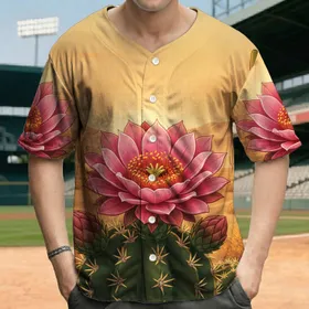Pink Cactus Bloom Barrel Cactus Desert Landscape - Plant Lover Gift Baseball Jersey
