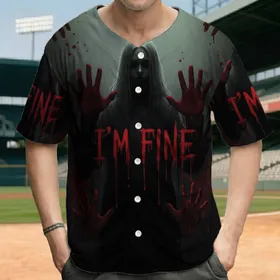 Harrowing Ghostly Figure I'M FINE Text Blood Hands - Horror Fan Gift for Gothic Style Lovers Baseball Jersey