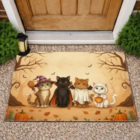 Four Anthropomorphic Halloween Cats Autumn Tree Branches - Halloween Party Decor Doormat