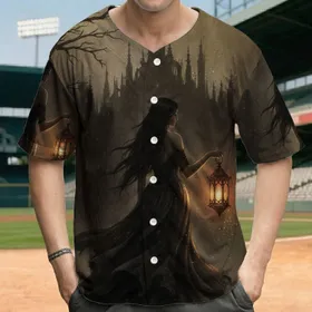 Ethereal Woman Dark Gown Antique Lantern Gothic City - Dark Fantasy Enthusiast Gift Baseball Jersey