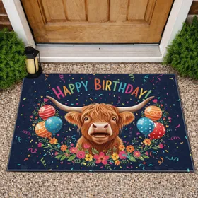Jovial Highland Cow Birthday Balloons Wildflowers - Birthday Gift for Cow Lover Doormat