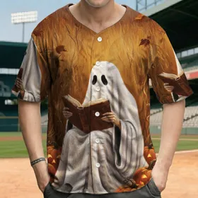 Ethereal Sheet Ghost Reading Antique Book Jack-O'-Lanterns Earthy Autumnal Halloween Party Baseball Jersey