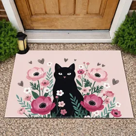 Black Cat Pink Anemone Floral Garden - Everyday Home Decor Gift for Cat Lover Doormat