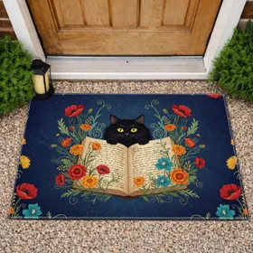Black Cat Antique Book Wildflower - Home Decor Gift for Cat Lover Doormat