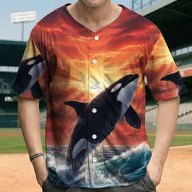 Killer Whale Ocean Waves Fiery Sunset - Wildlife Lover Gift Baseball Jersey