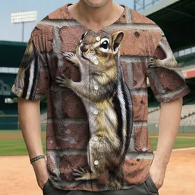 Realistic Striped Chipmunk Climbing Textured Brick Wall - Everyday Wildlife Lover Gift Baseball Jersey