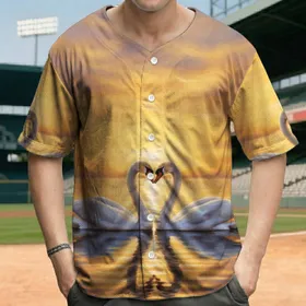 Elegant White Swans Golden Sunset Water Reflection - Wildlife Lover Gift Baseball Jersey
