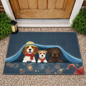 Cheerful Beagle Dog Group Under Blue Shelter - Rainy Day Home Decor Gift for Dog Lover Doormat