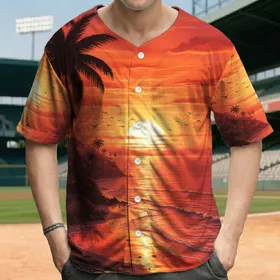 Classic Red Car Tropical Sunset Coastline - Travel Essentials for Car Lovers Baseball Jersey