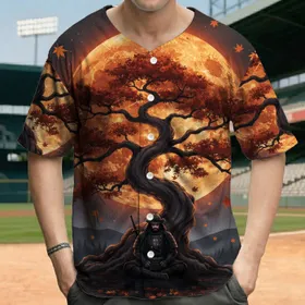 Samurai Warrior Maple Tree Autumn Moon - Japan Culture Gift Baseball Jersey