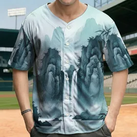 Majestic Misty Cascading Waterfalls Mountain Landscape Bamboo Scene - Zen Home Decor Gift Baseball Jersey