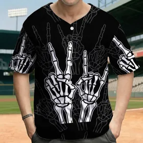 White Skeleton Hands Peace Sign Rock On Open Palm Gestures - Alternative Fashion Statement Baseball Jersey