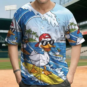 Cheerful Cartoon Duck Surfing Ocean Wave - Tropical Summer Trip Gift for Duck Lover Baseball Jersey