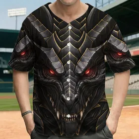 Deep Charcoal Armored Dragon Head Red Eyes Gold Accents - Fantasy Creature Lover Gift Baseball Jersey