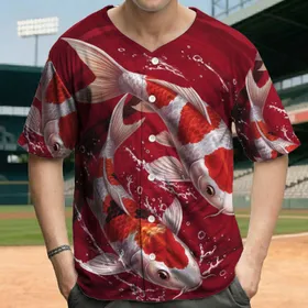 Red Golden White Koi Fish Swirling Water Deep Currents - Aquatic Lover Gift Baseball Jersey