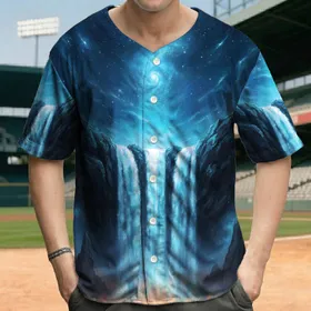 Glowing Waterfall Cascade Dark Jagged Rocks Cosmic Sky Stars - Stargazing Gift Baseball Jersey