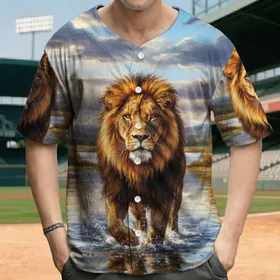 Majestic Lion Walking Shallow Water Reflections Autumn Landscape - Wildlife Lover Gift Baseball Jersey