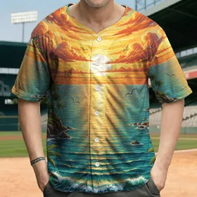 Golden Sunset Tropical Island Beach Houses Palm Trees - Travel Essentials Baseball Jersey