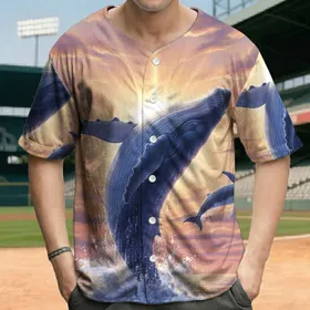 Blue Whales Breaching Ocean Sunset Sunburst - Marine Life Lover Gift Baseball Jersey