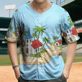 Tropical Island Paradise Church Canoes Hibiscus Flowers - Beach Holiday Gift Baseball Jersey