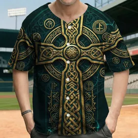 Ancient Ornate Golden Celtic Cross Knotwork Runic Motifs - Celtic Heritage Gift Baseball Jersey
