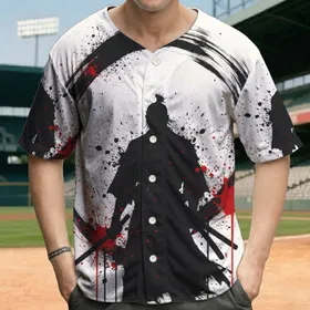 Samurai Ronin Katana Ink Splatter Red Blood - Action Fan Gift for Warrior Lovers Baseball Jersey