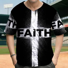 Distressed White Christian Cross FAITH Text Black Background - Christian Lifestyle Gift Baseball Jersey