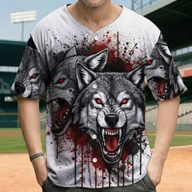 Realistic Wolf Heads Bared Fangs Open Mouth Ink Wash Textures - Wolf Lover Gift Baseball Jersey
