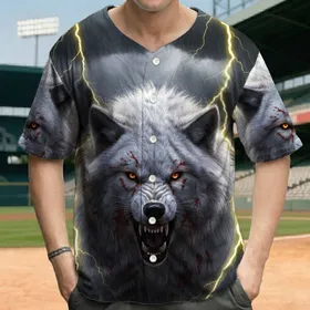 Aggressive White Wolf Snarling Glowing Eyes Lightning Storm - Wildlife Lover Gift Baseball Jersey