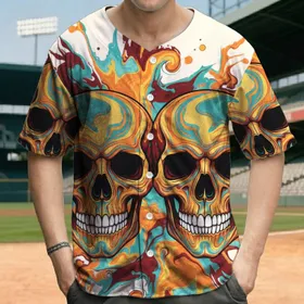 Two Skull Faces Liquid Marble Swirls with Dark Eye Sockets and White Teeth - Artistic Fashion Wear Baseball Jersey
