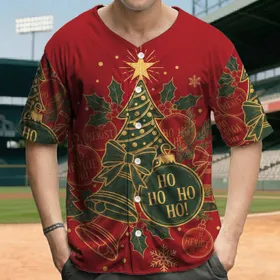 Christmas Trees Bell Ornament HO HO HO Holly Snow - Christmas Holiday Celebration Baseball Jersey